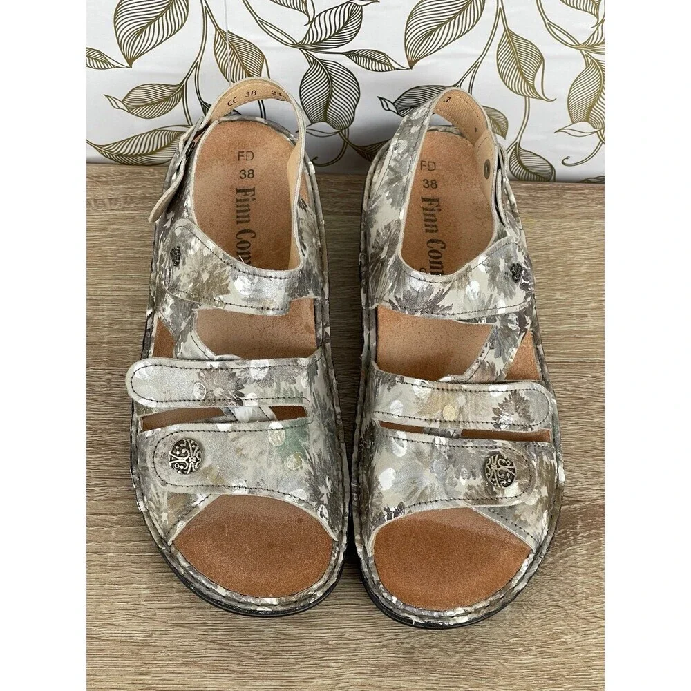 Finn Comfort 38 Silver Floral Leather Sandals | Orthopedic Luxury | Granola Girl